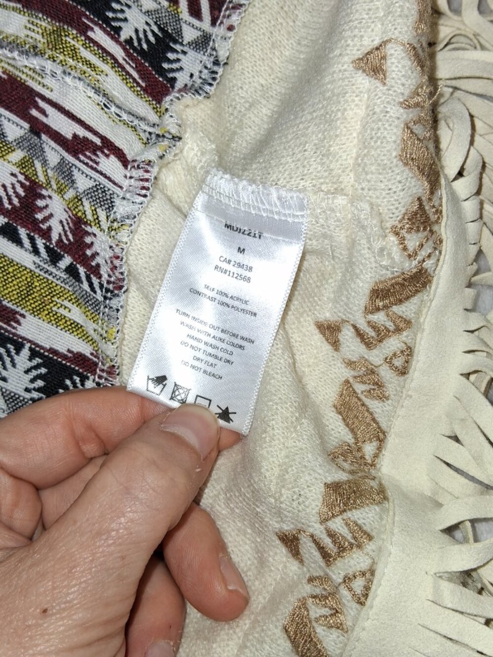 Miss Me Tribal Aztec Fringe Vest Boho Festival Western Knit Open Front Size M - Picture 13 of 14